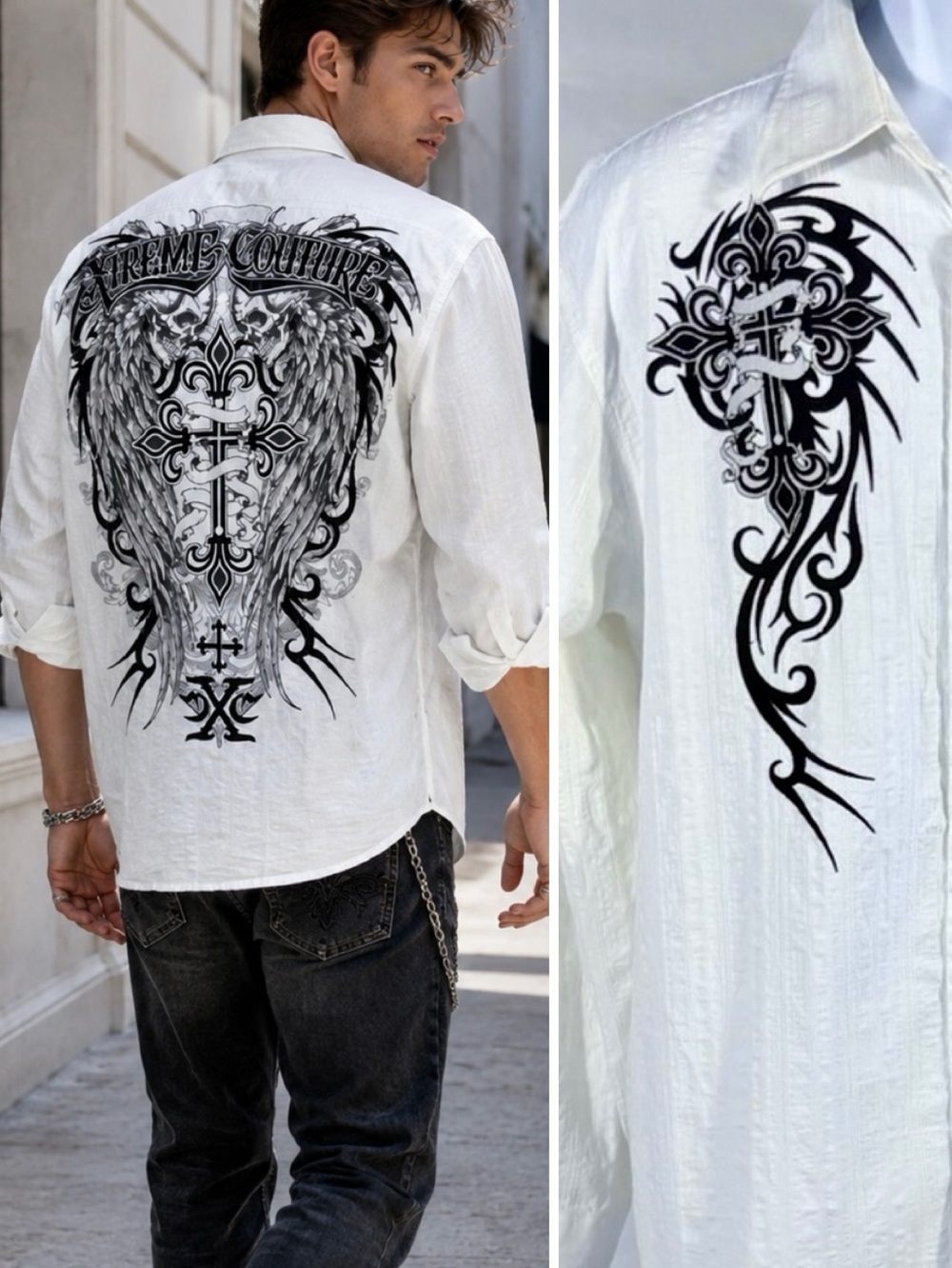 Xtreme Couture Winged Skull Cross Graphic Button Up Shirt Y2K Men's L💛